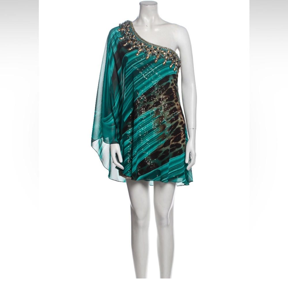 Terani Couture one shoulder blue green anmal print embellished dress size XS